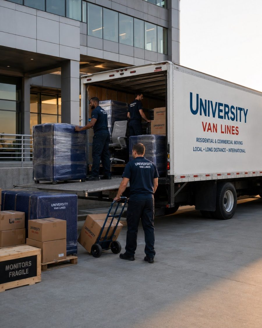A University Van Lines truck loading office crates and cartons at a commercial building entrance