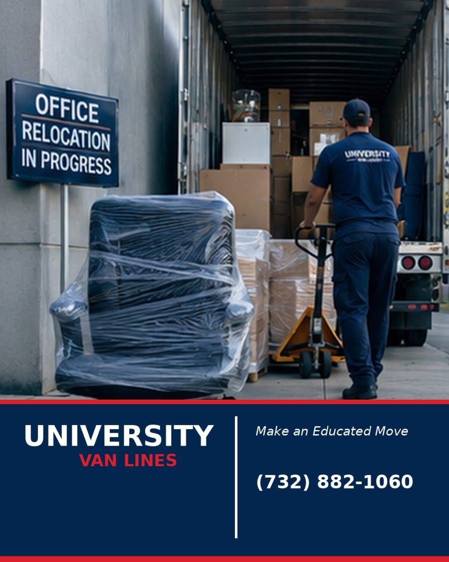 University Van Lines movers staging office equipment on dollies in a lobby