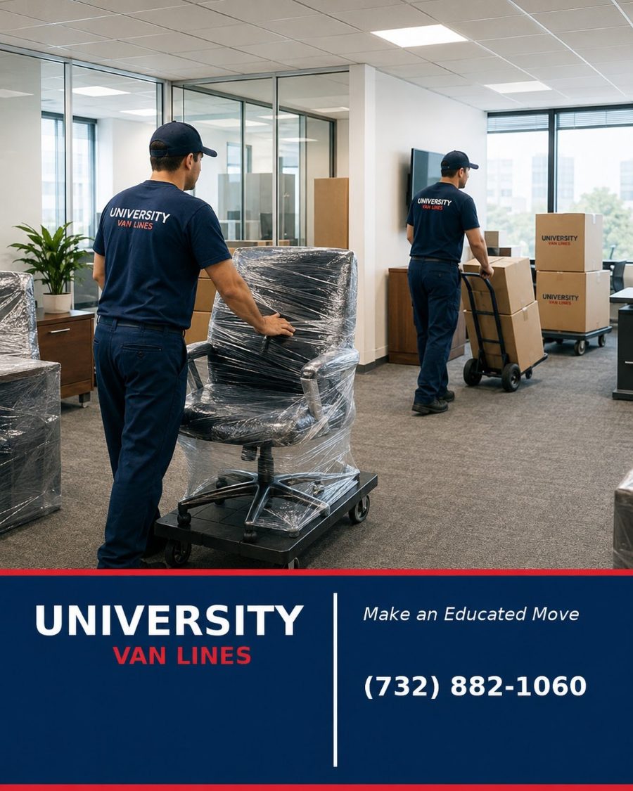 Office cartons and crates loaded on a University Van Lines truck at a loading dock