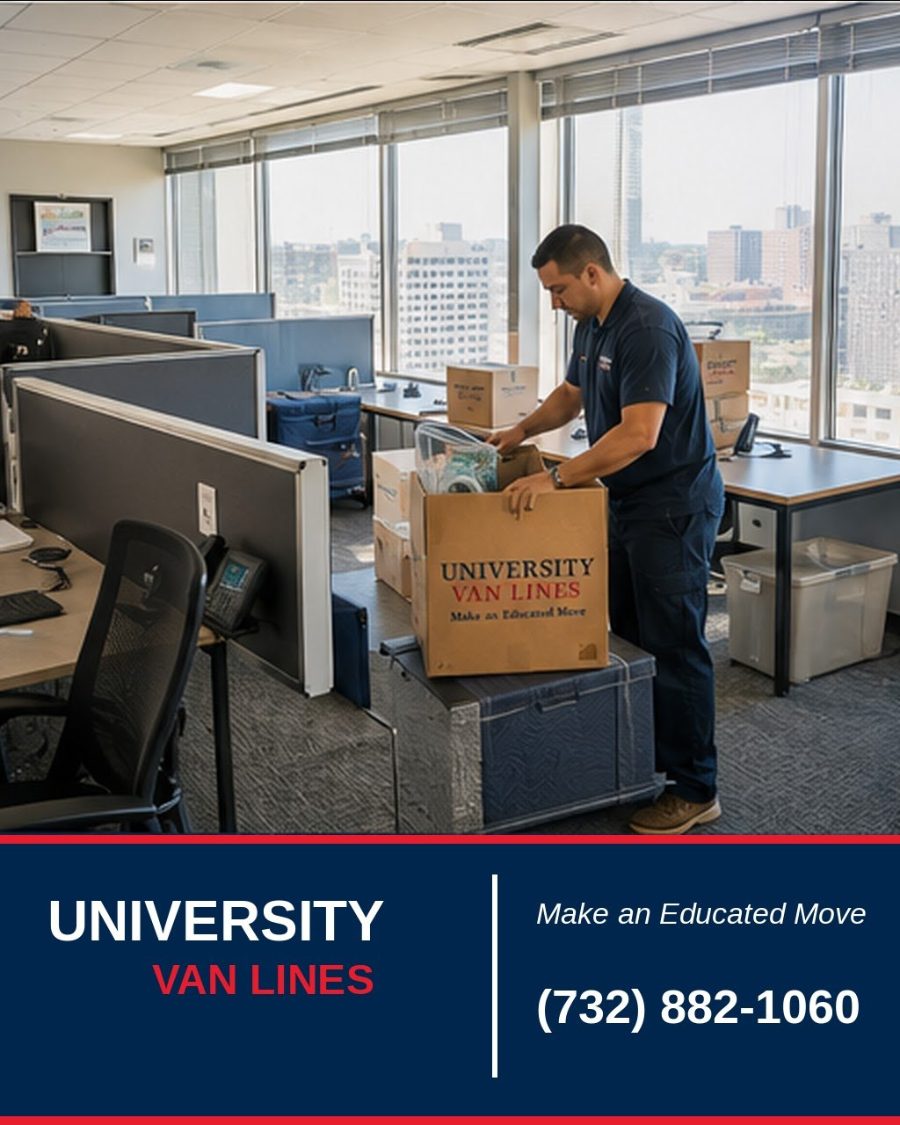 A University Van Lines crew moving office furniture inside a commercial building
