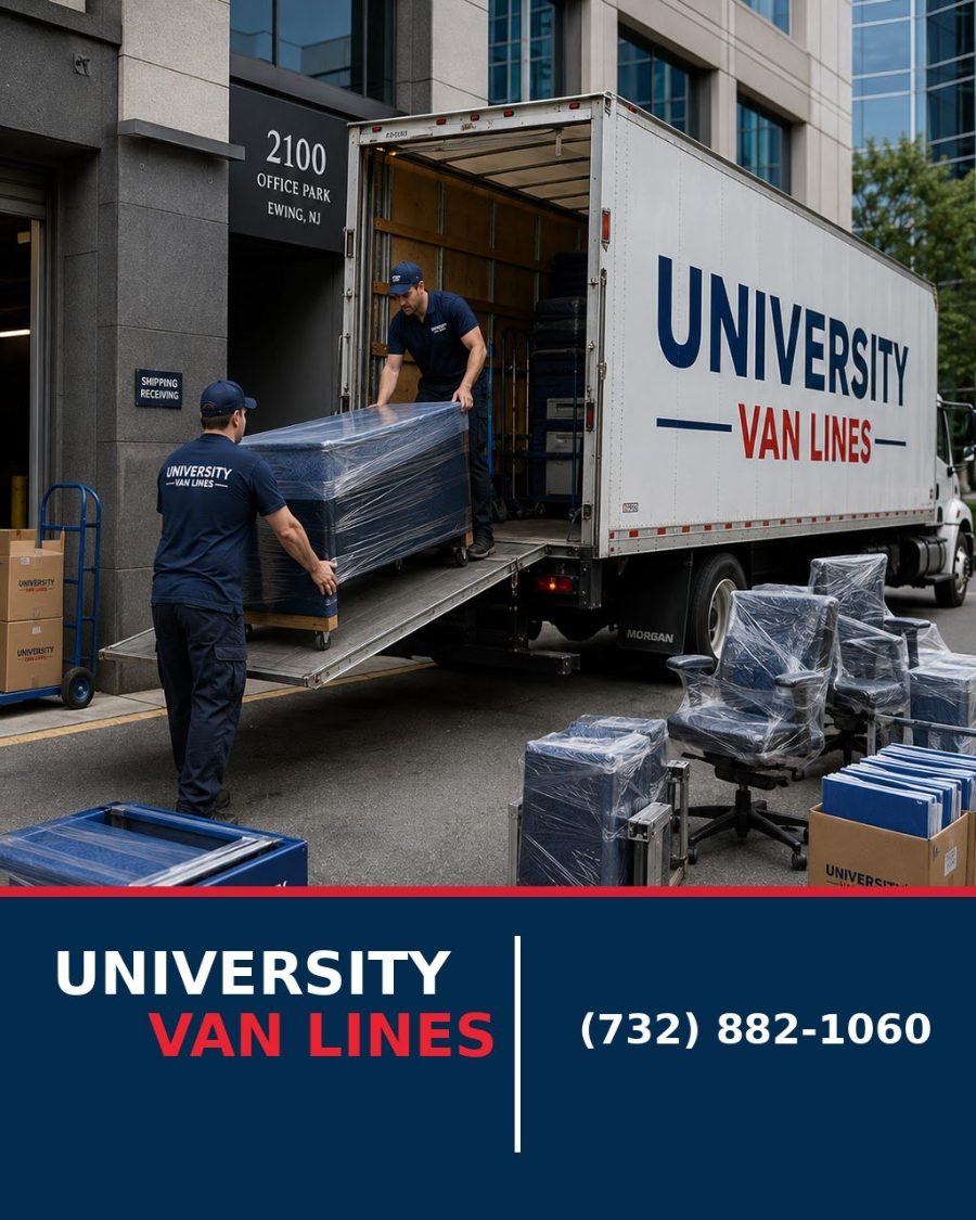 University Van Lines movers loading office crates onto a truck