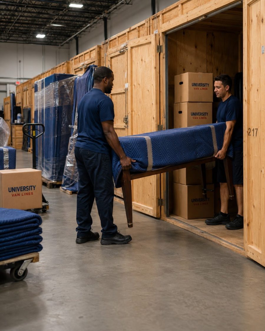 Two University Van Lines movers carrying a heavy padded item between them