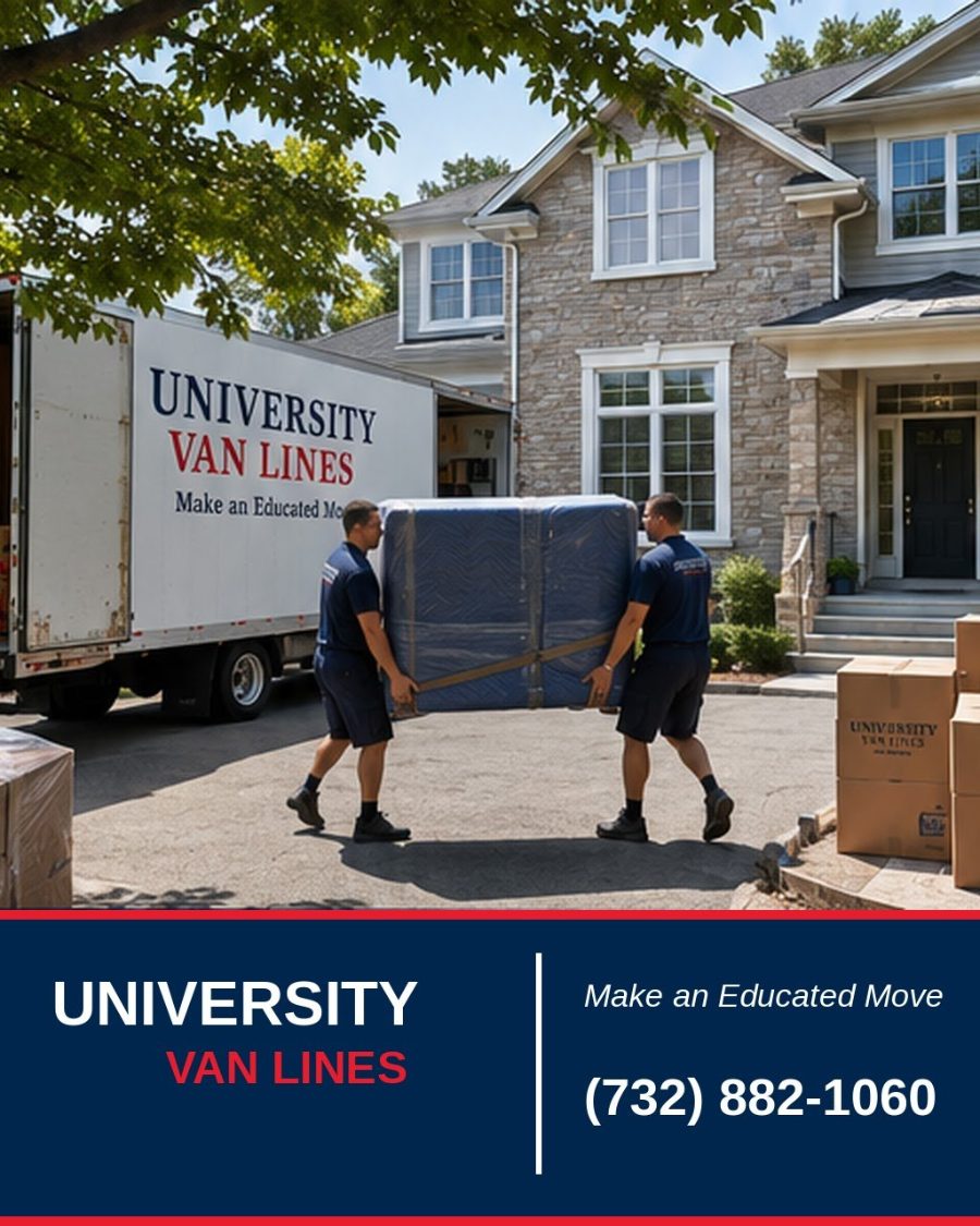 A University Van Lines crew carrying wrapped furniture along a walkway