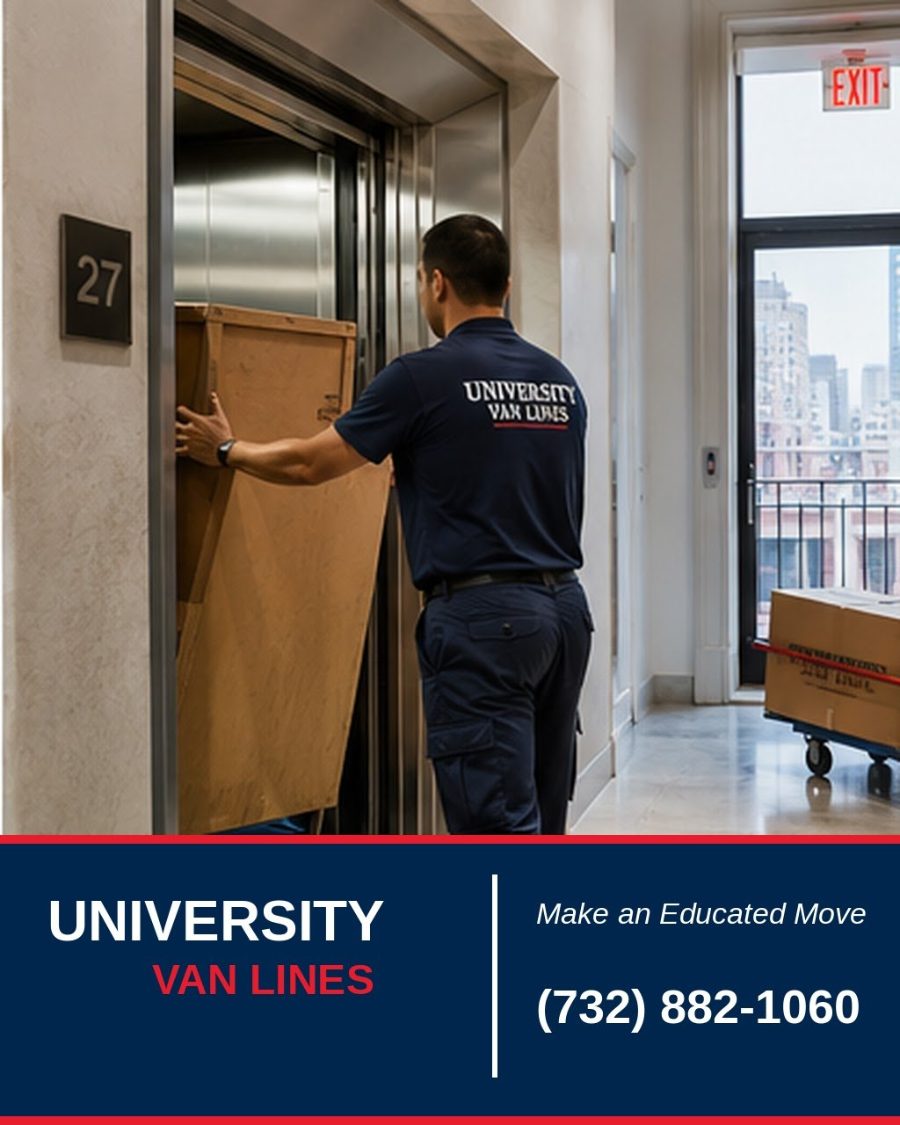 Two University Van Lines movers carrying a wrapped item to the truck