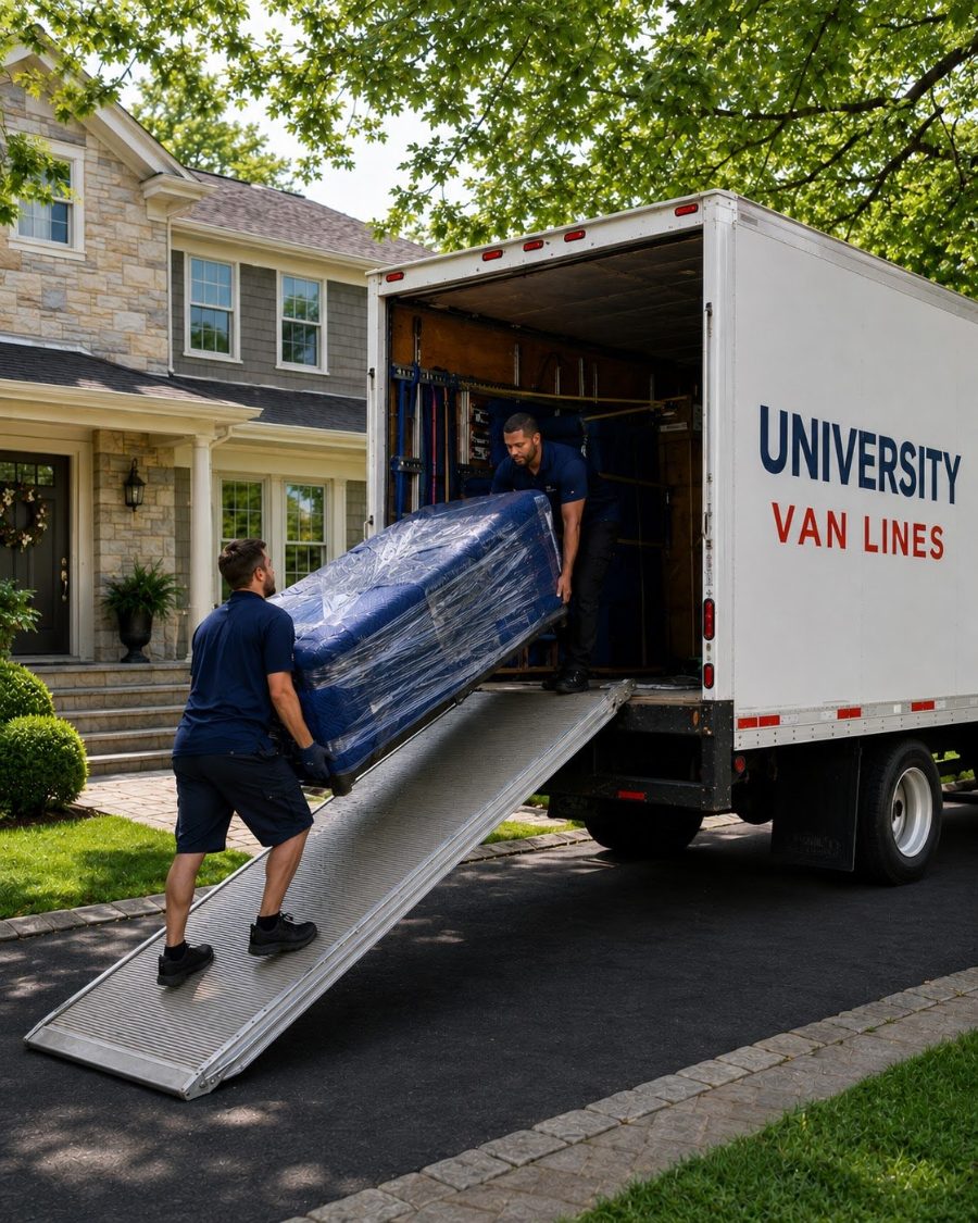 University Van Lines movers walking a shrink-wrapped sofa up the ramp into a box truck outside a New Jersey house