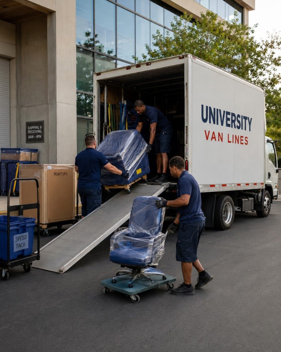 A University Van Lines mover loading padded furniture into the back of a truck