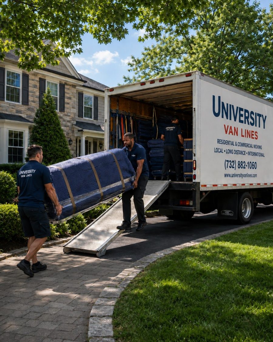 University Van Lines movers loading padded furniture into a truck outside a home