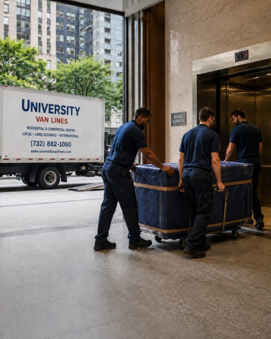 University Van Lines movers loading wrapped furniture into a truck