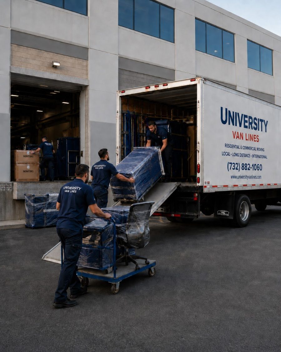 University Van Lines movers loading padded furniture into a truck