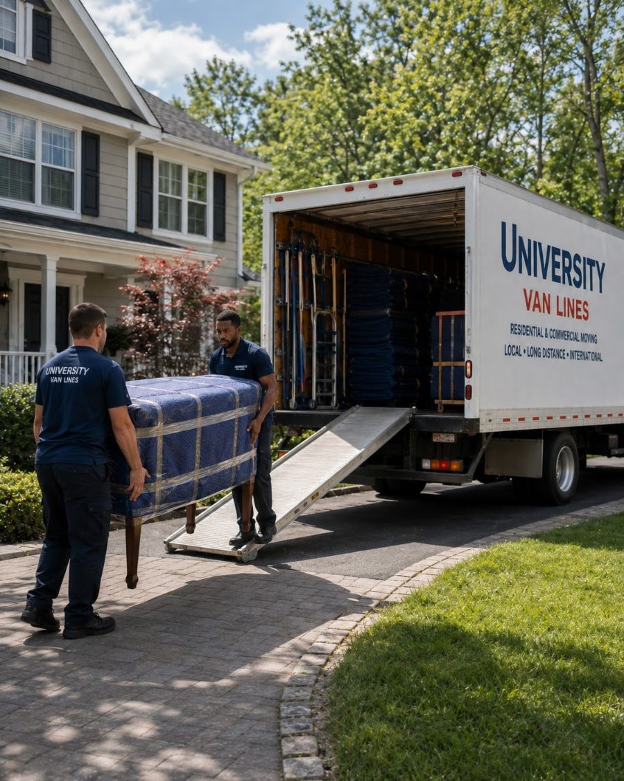 University Van Lines movers carrying a large wrapped item down a ramp