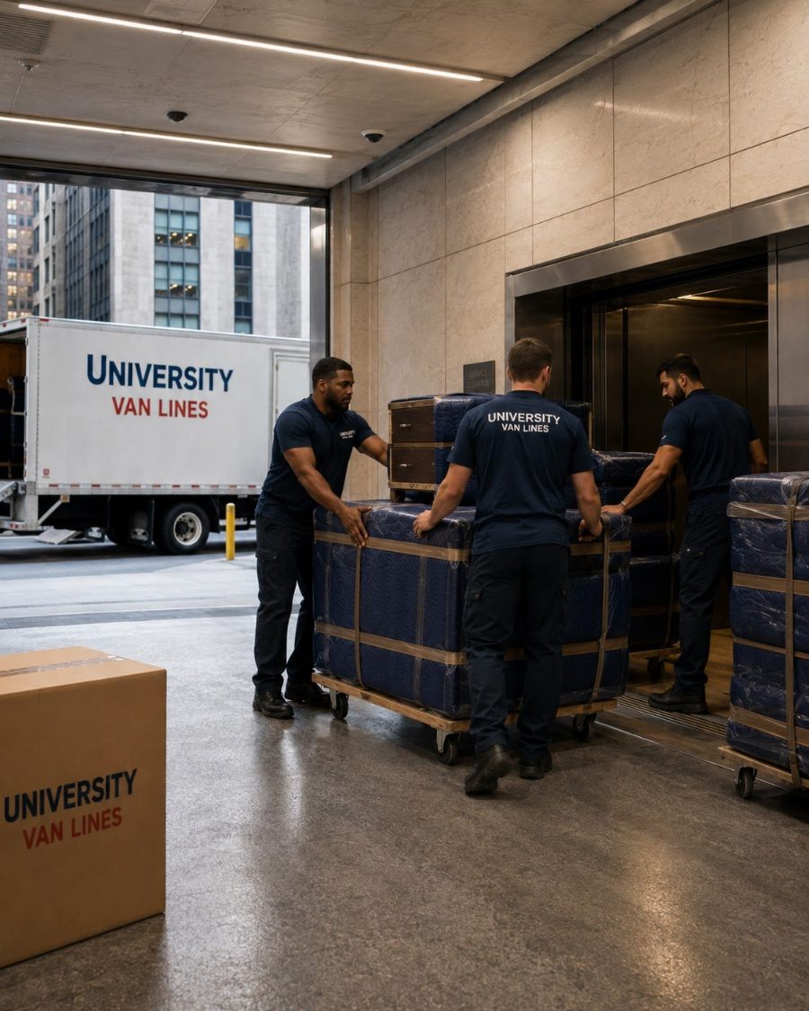 University Van Lines movers loading a truck outside a home