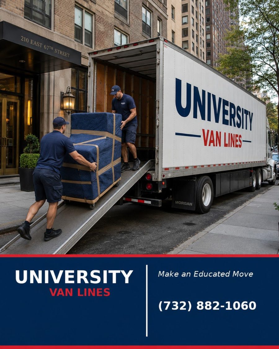 University Van Lines movers loading padded furniture into a truck