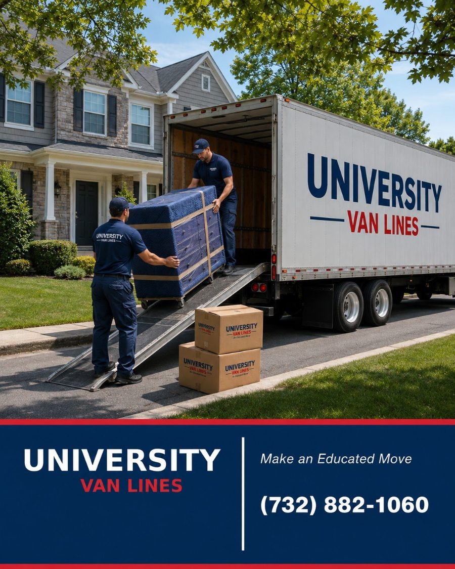 University Van Lines movers loading padded furniture into a truck outside a residential building