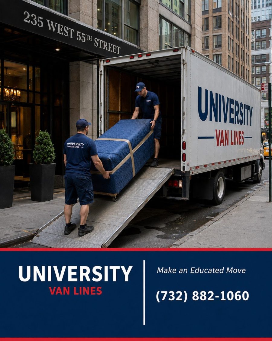 University Van Lines movers loading padded furniture into a truck