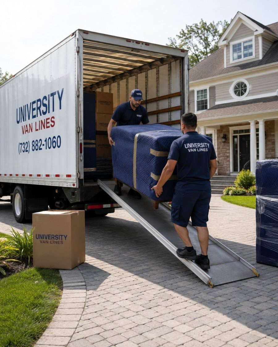 University Van Lines movers loading padded furniture into a box truck
