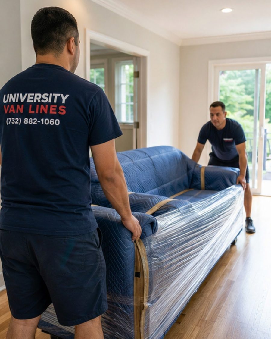 Two University Van Lines movers carrying a wrapped sofa through a living room