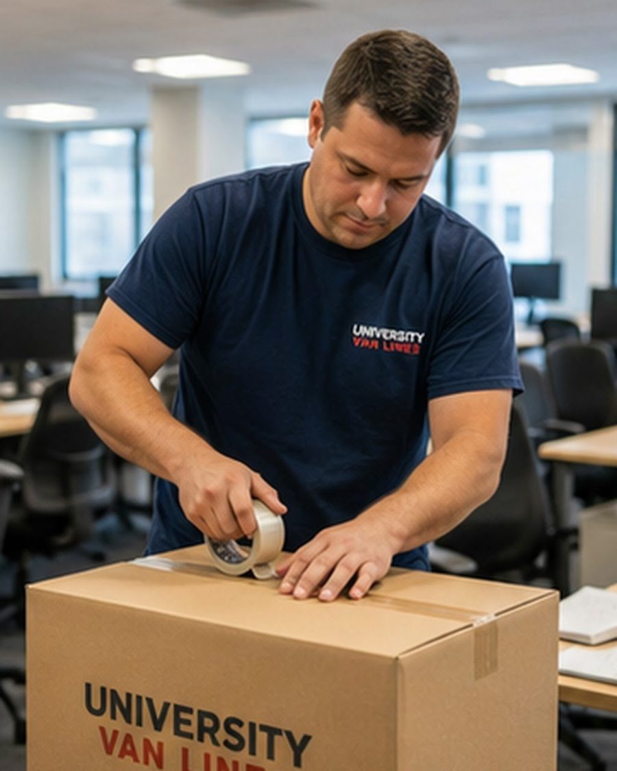 A University Van Lines packer wrapping furniture in moving pads