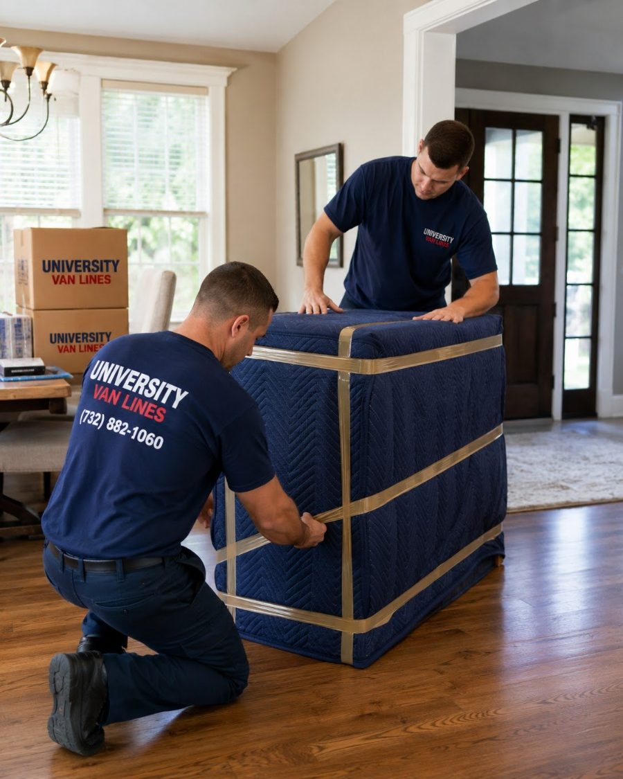 University Van Lines packing materials and cartons laid out in a home