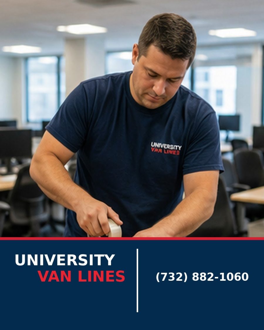 A University Van Lines packer wrapping a piece of furniture for export