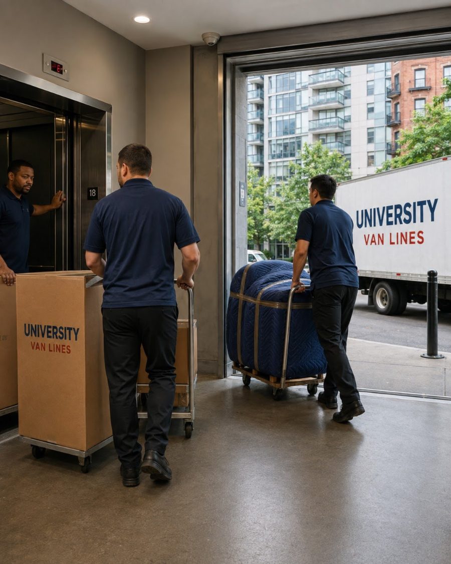 University Van Lines movers wheeling a wardrobe carton through an apartment building lobby toward the elevator