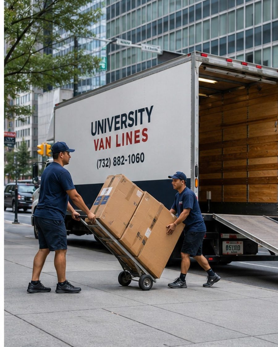 University Van Lines movers wheeling cartons through an apartment building corridor