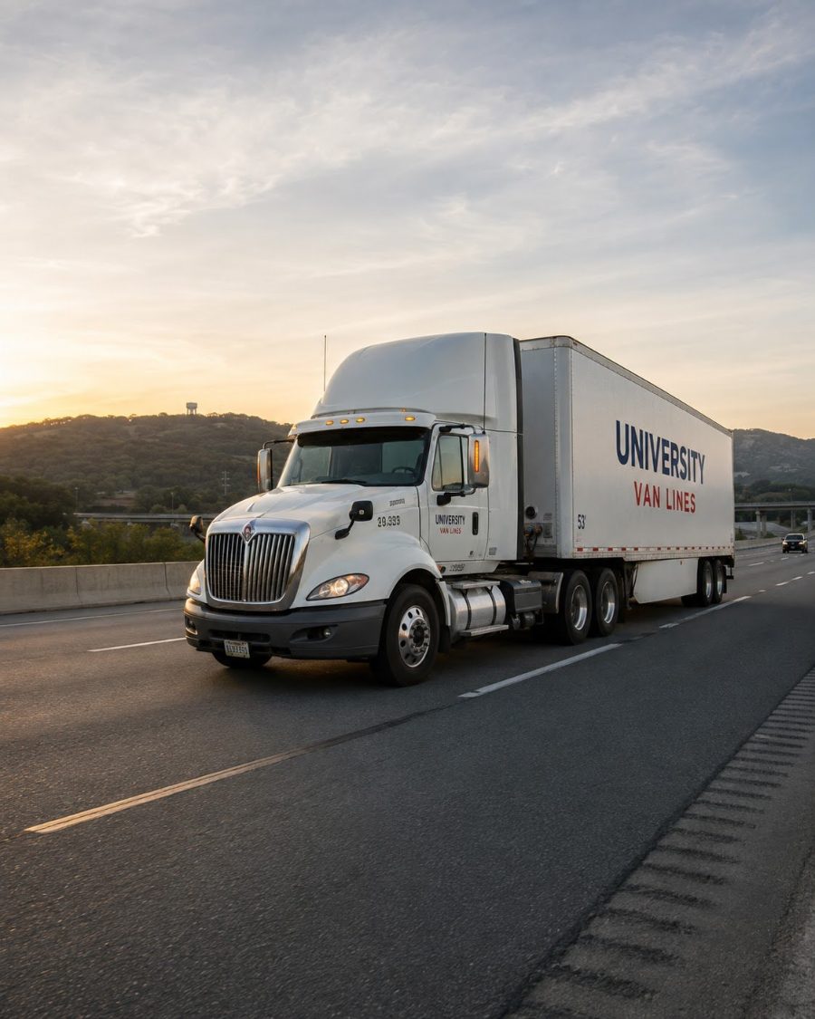 A University Van Lines tractor-trailer travelling on the interstate