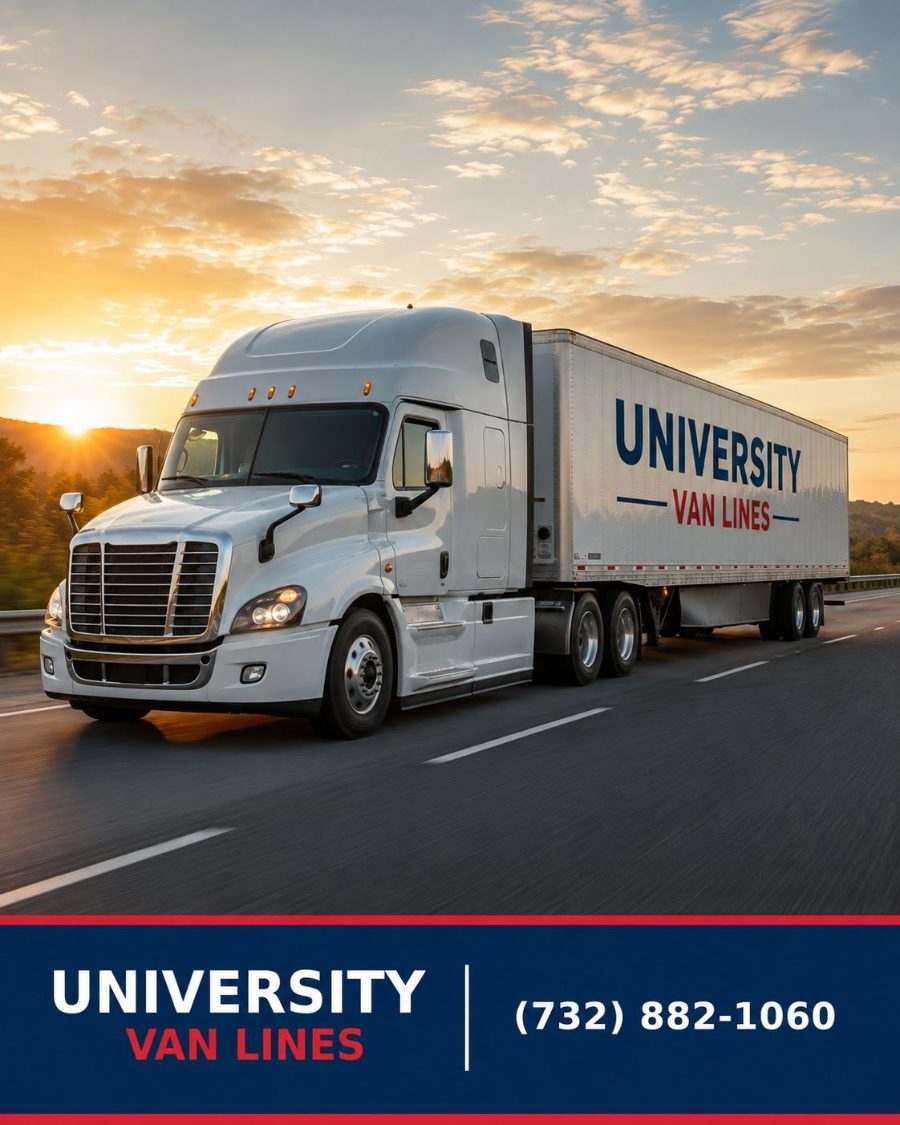 A University Van Lines trailer on a highway at dusk