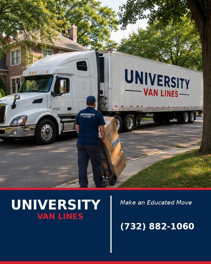 A University Van Lines truck parked outside a New Jersey property