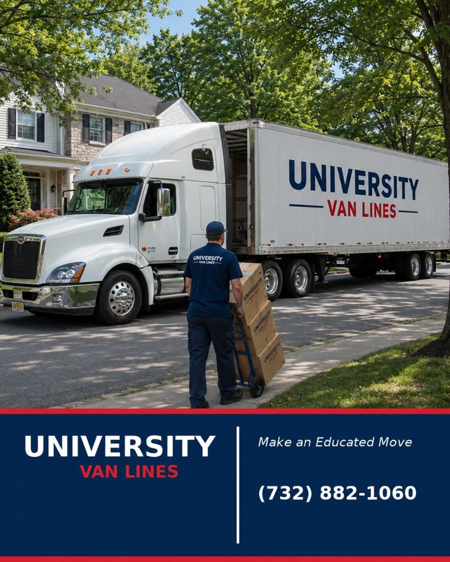 A University Van Lines truck outside a residential property in New Jersey