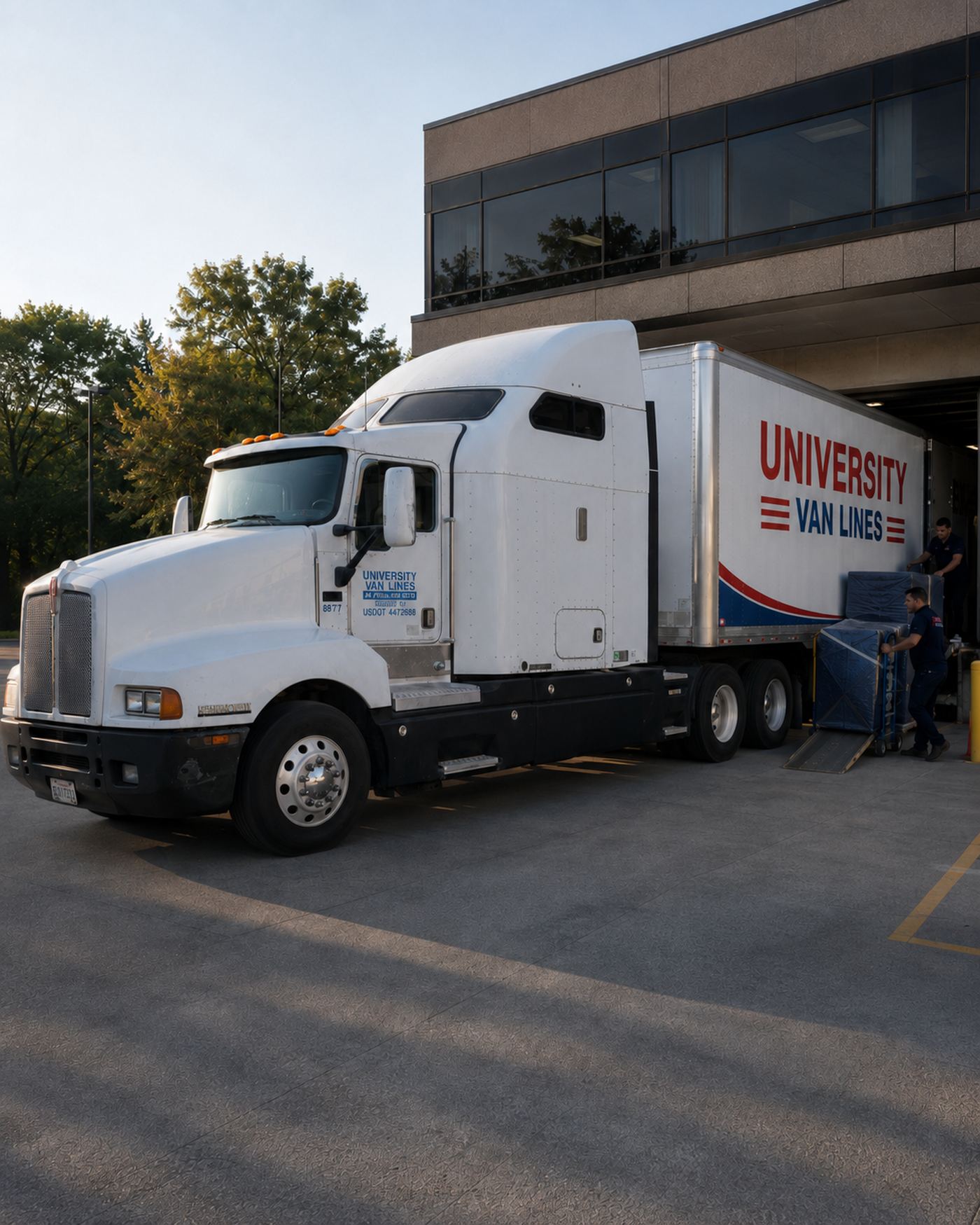 University Van Lines truck at a warehouse loading dock