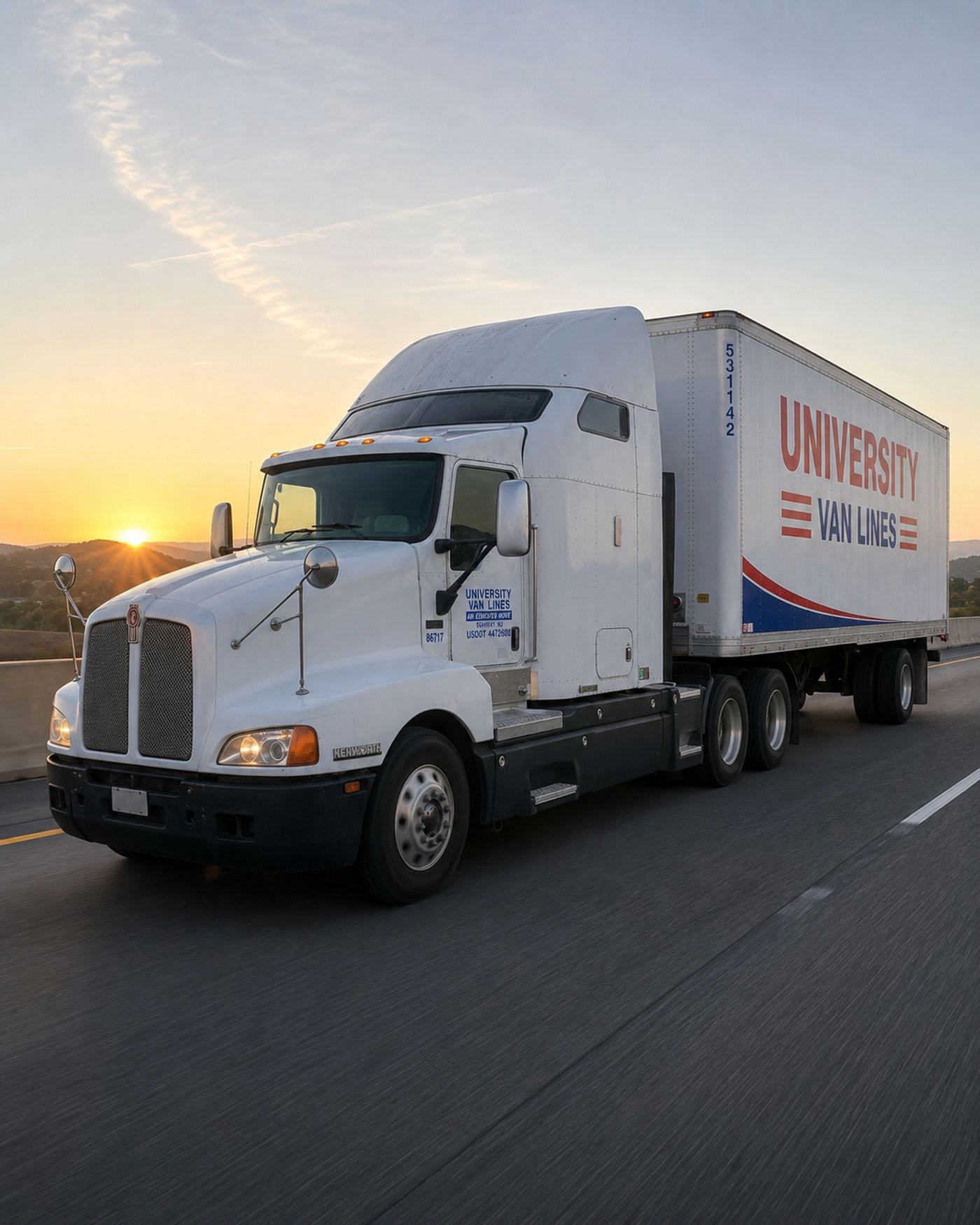 University Van Lines interstate moving truck on the highway at sunrise — Elizabeth NJ movers