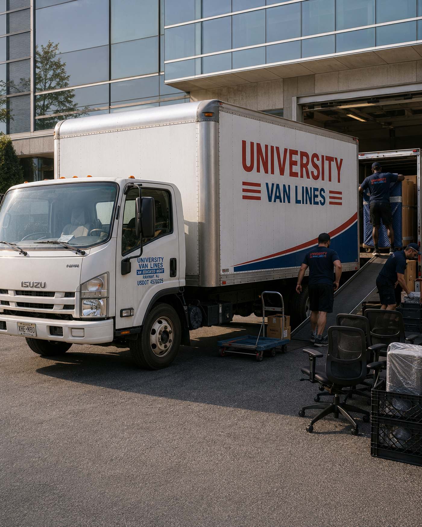 University Van Lines crew loading padded furniture, representing storage support during a home renovation