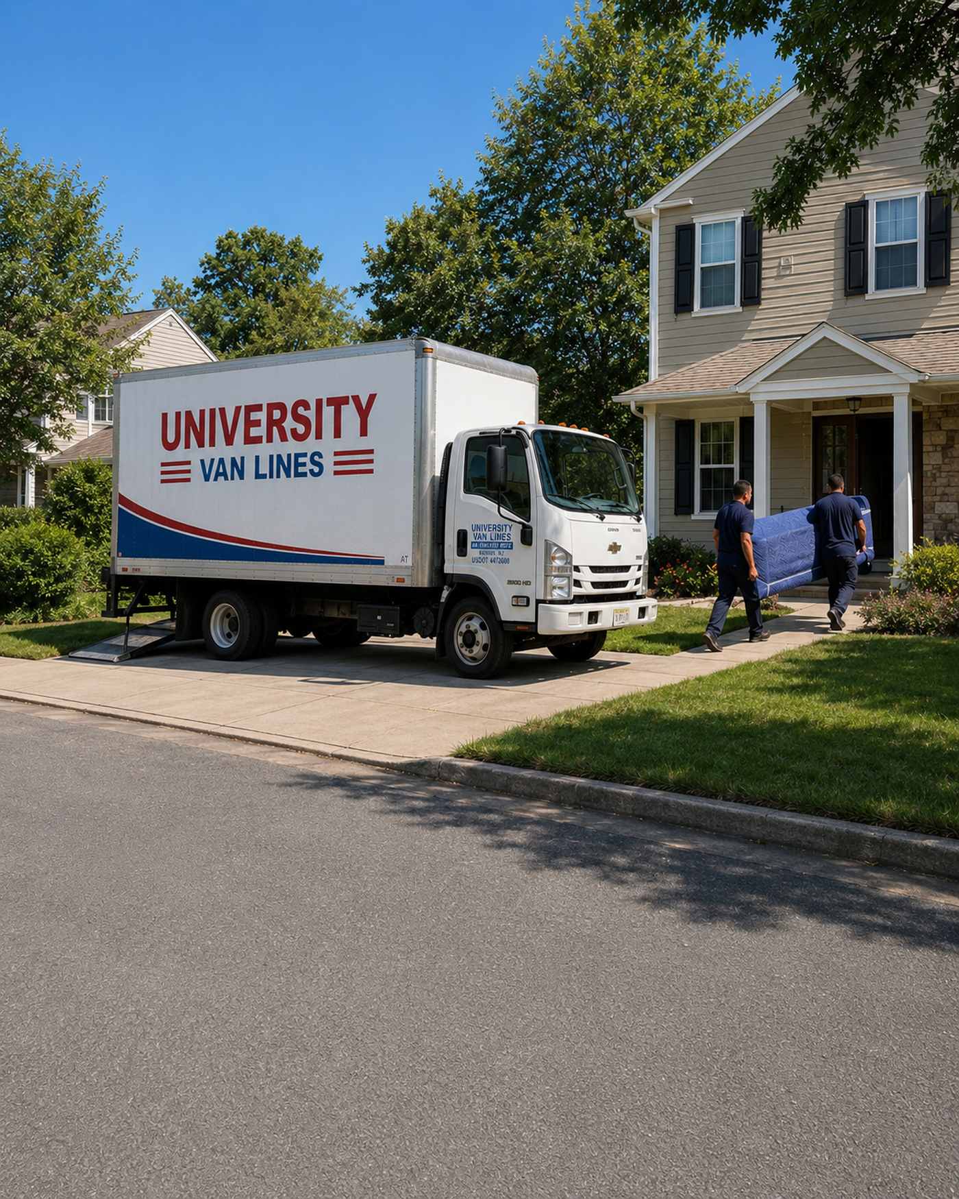 University Van Lines moving truck at a residential driveway with crew carrying furniture — Franklin Lakes NJ movers